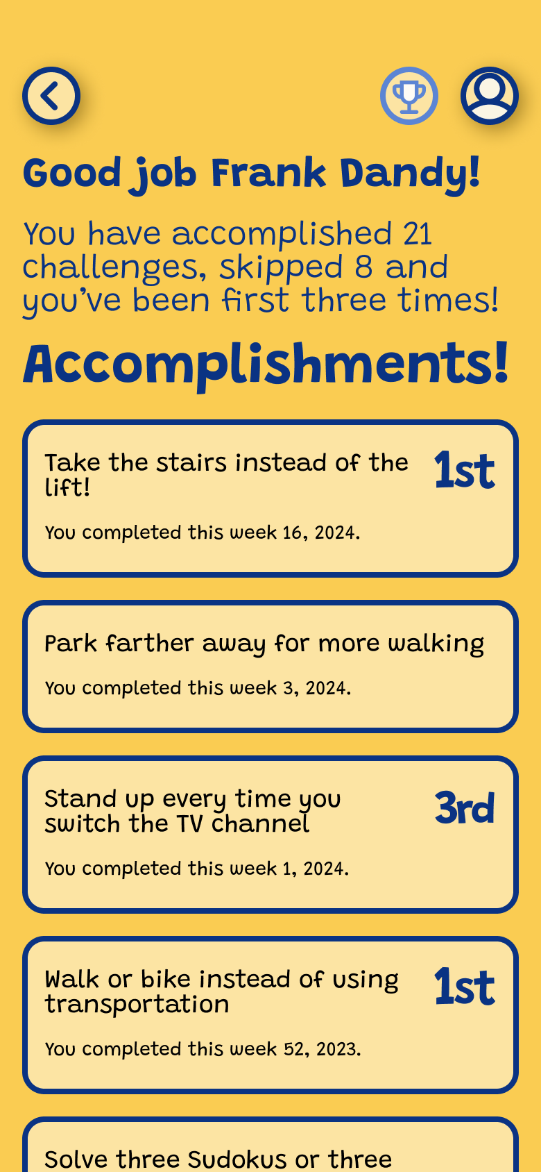 Wellmate accomplishments screen showing completed challenges