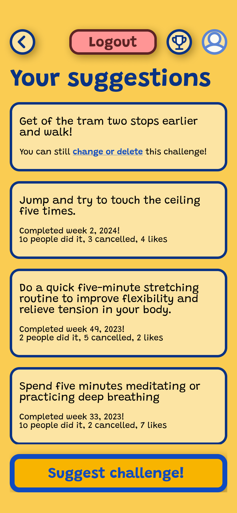 Wellmate profile screen showing user statistics and current challenge