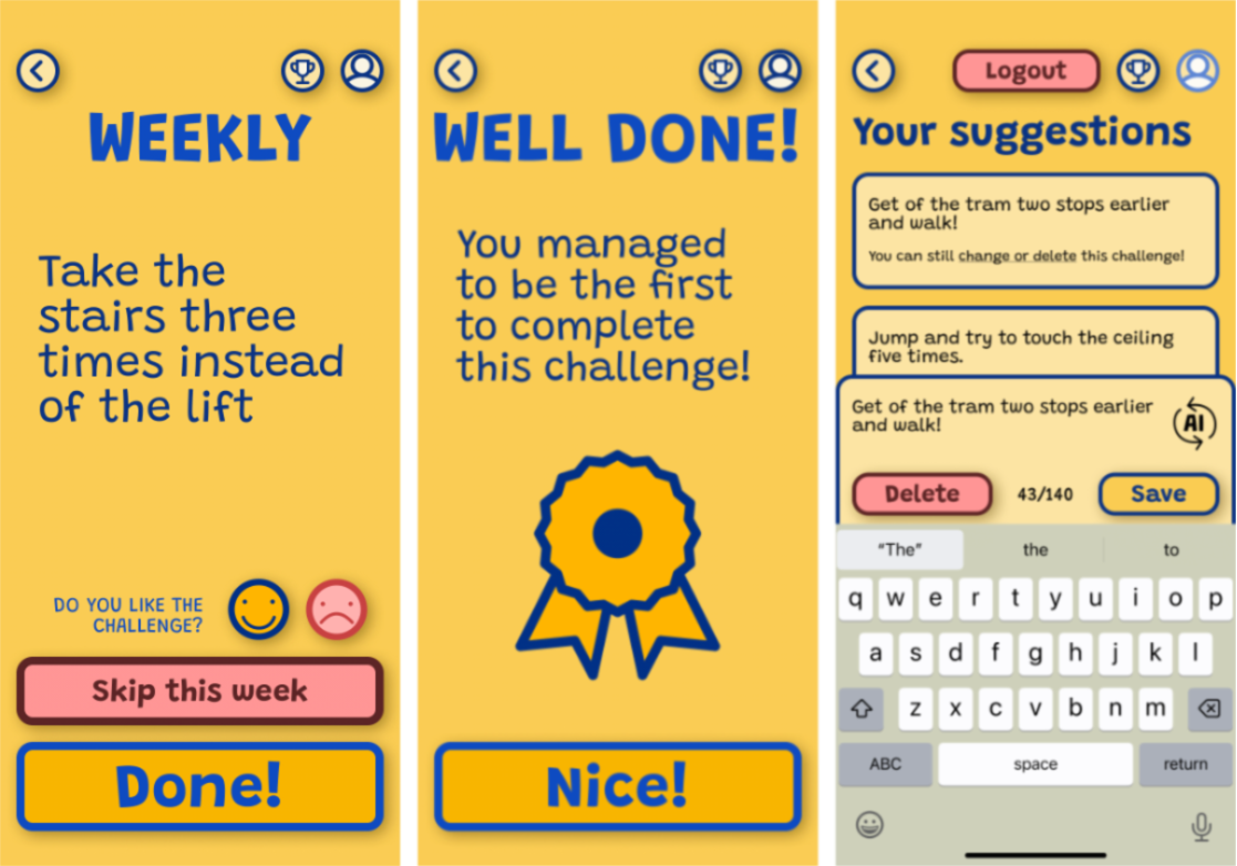 Wellmate app screens showing profile and challenges
